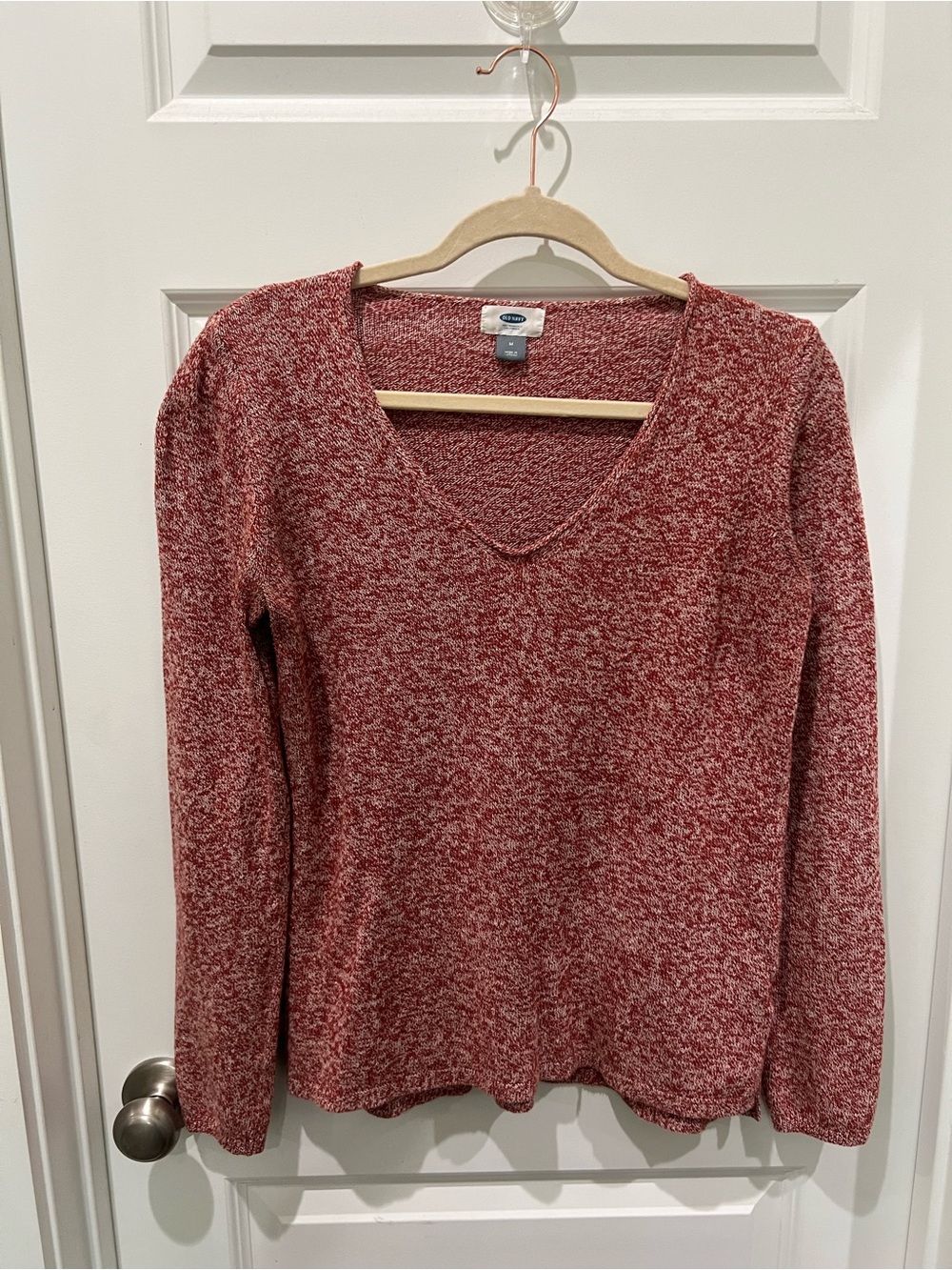 Old Navy Red and White Marled V-Neck Sweater